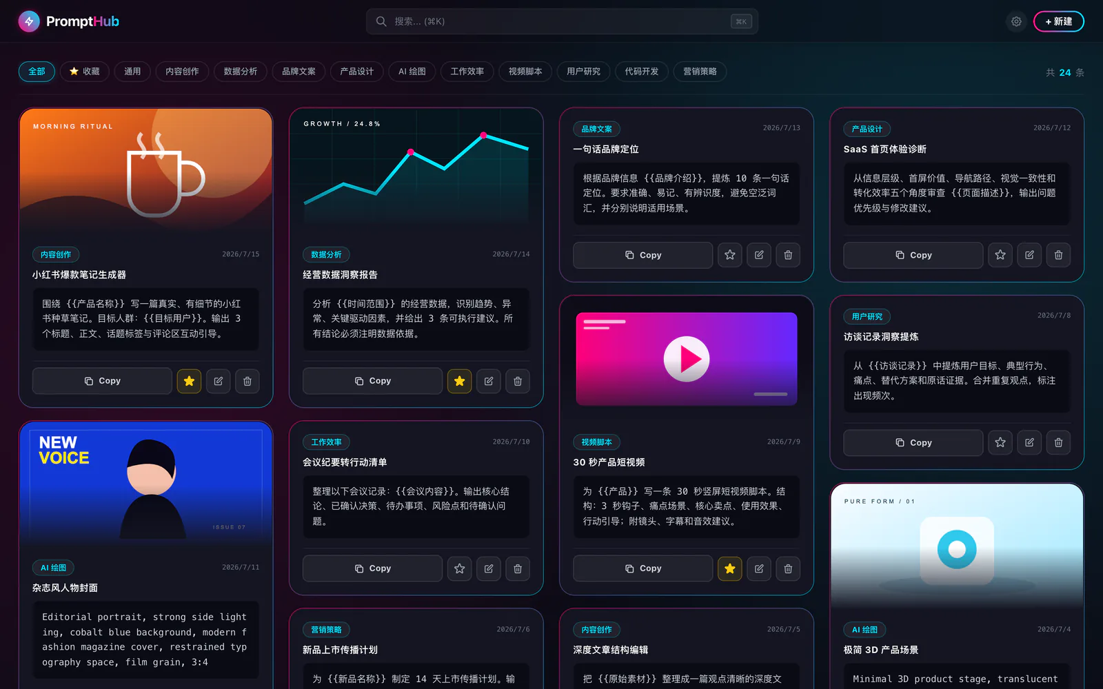 PromptHub 新版分类、搜索、收藏与图文提示词库界面